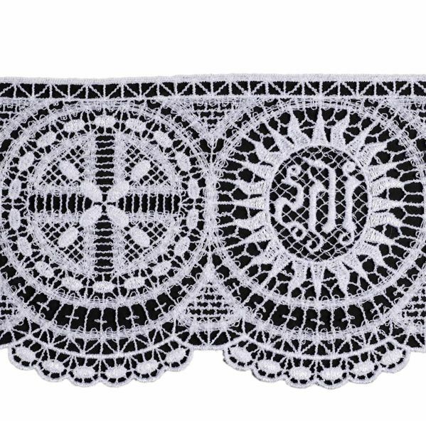 Picture of Filet crochet lace JHS symbol H. cm 10 (3,9 inch) Viscose and Polyester Ivory White Lacework Edging for liturgical Vestments 