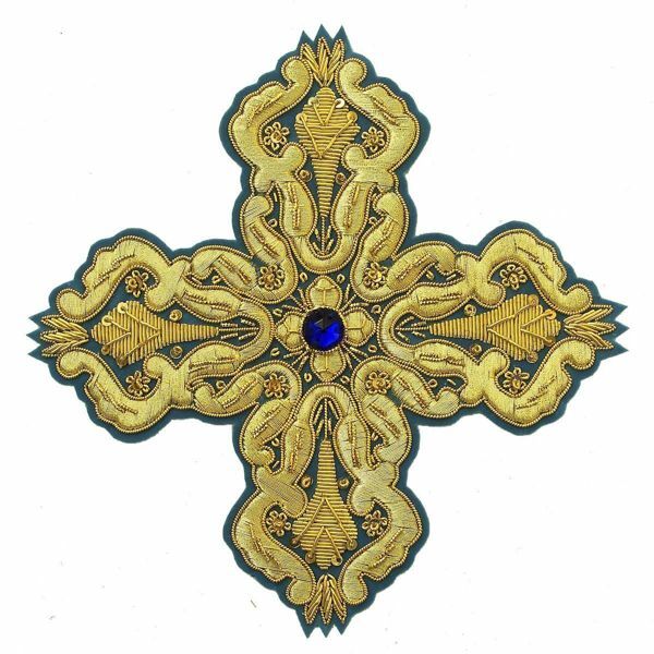 Picture of Embroidered Cross Motif with paillettes with stone H. cm 15 (5,9 inch) Metallic thread and Viscose Celestial Violet Green Flag Gold Red/Crimson White/Gold for Chasubles and liturgical Vestments