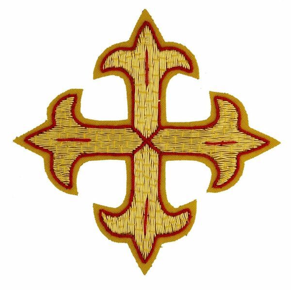 Imagen de Cruz flordelisada bordada decoración oro con borde rojo H. cm 8 (3,1 inch) en hilo metálico y Viscosa para Casullas y Vestiduras litúrgicas