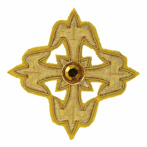 Immagine di Croce ricamata gigliata decorazione oro con pietra H. cm 7,5 (2,95 inch) in filato metallico e Viscosa Oro Applicazione per Casula Stole e Paramenti liturgici