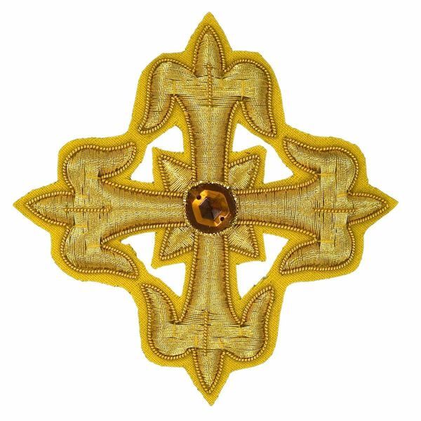 Imagen de Cruz flordelisada bordada decoración oro con piedra H. cm 8 (3,1 inch) en hilo metálico y Viscosa Oro para Casullas y Vestiduras litúrgicas