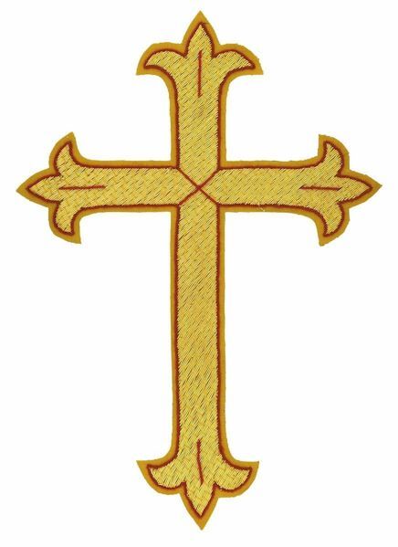 Immagine di Croce ricamata gigliata decorazione oro bordata rosso piede alto H. cm 18 (7,1 inch) filato metallico e Viscosa Applicazione per Casula Stole e Paramenti liturgici