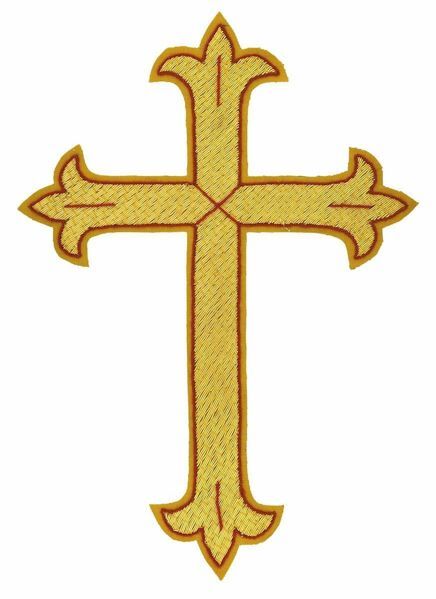 Immagine di Croce ricamata gigliata oro bordo rosso piede alto H. 18 cm