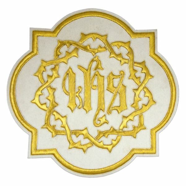 Immagine di Emblema ricamato quadrilobo decorazione JHS Corona di Spine H. cm 21 (8,3 inch) Poliestere Oro/Bianco per Velo Omerale e Paramenti liturgici