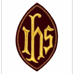 Picture of Oval Embroidered applique Emblem JHS symbol H. cm 23 (9,1 inch) Polyester Gold/Garnet Red for liturgical Vestments