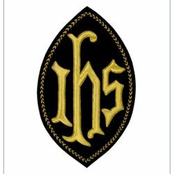 Picture of Oval Embroidered applique Emblem JHS symbol H. cm 23 (9,1 inch) Polyester Gold/Black for liturgical Vestments