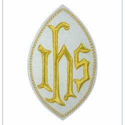 Picture of Oval Embroidered applique Emblem JHS symbol H. cm 23 (9,1 inch) Polyester Gold/White for liturgical Vestments