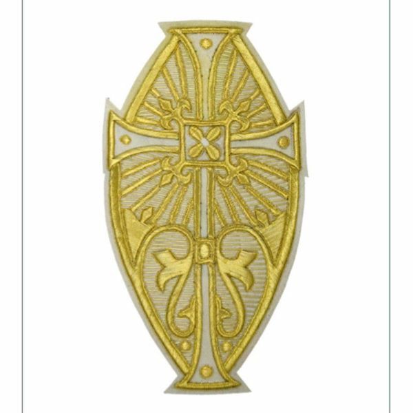 Immagine di Emblema ricamato ovale decorazione giglio H. cm 24 (9,4 inch) in Poliestere Oro/Bianco per Velo Omerale e Paramenti liturgici