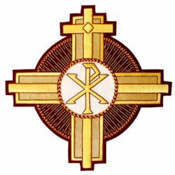 Imagen de Emblema bordado Cruz decoración símbolo Pax H. cm 26 (10,2 inch) de Poliéster Rojo Granate/Oro para Vestiduras litúrgicas