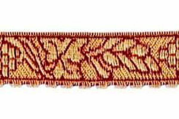 Picture of Galloon Gold and color Eears of Corn and Grapes H. cm 2 (0,8 inch) Metallic thread Fabric high content of Gold Bordeaux Trim Orphrey Banding for liturgical Vestments 