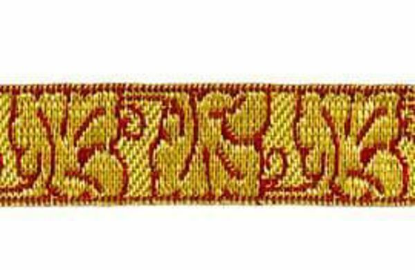 Picture of Galloon Gold and color Leaves and Flowers H. cm 2 (0,8 inch) Metallic thread Fabric high content of Gold Bordeaux Olive Green Violet Green Flag White Trim Orphrey Banding for liturgical Vestments 