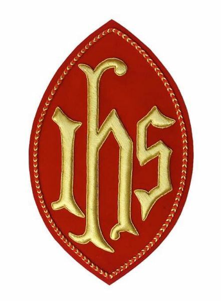 Picture of Oval Embroidered applique Emblem JHS symbol H. cm 23 (9,1 inch) Polyester Gold/Red for liturgical Vestments