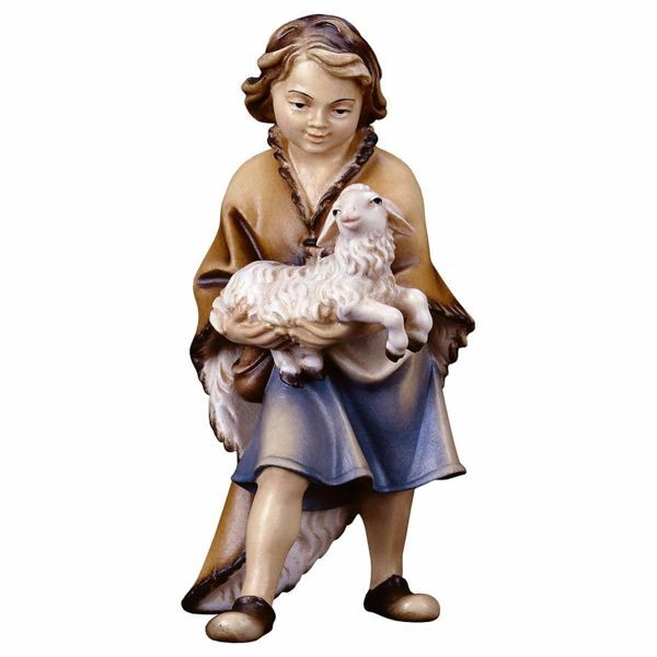 Picture of Child with Lamb cm 8 (3,1 inch) Hand Painted Shepherd Nativity Scene classic Val Gardena wooden Statue peasant style