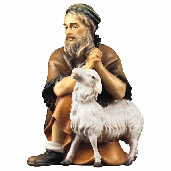 Picture of Kneeling Herder with Sheep Shepherd Nativity 8 cm (3,1 inch) rustic oil painted wood