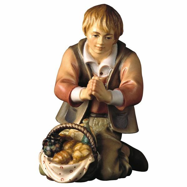 Picture of Kneeling Herder with Bread cm 8 (3,1 inch) Hand Painted Shepherd Nativity Scene classic Val Gardena wooden Statue peasant style