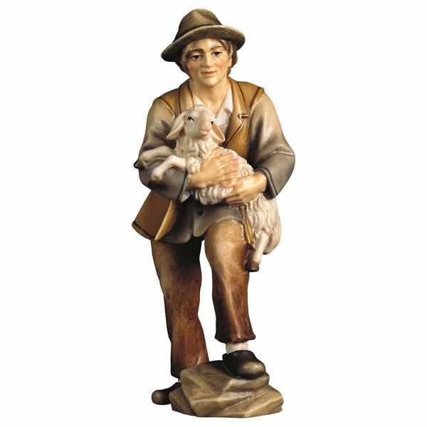 Immagine di Pastore con agnello cm 8 (3,1 inch) Presepe Pastore Dipinto a Mano Statua artigianale in legno Val Gardena stile contadino classico 