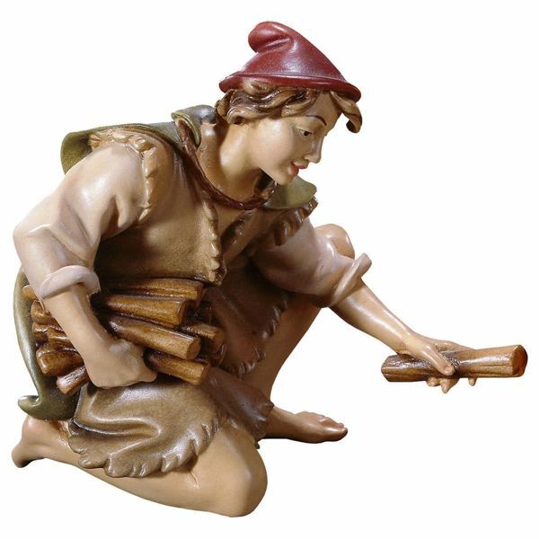 Picture of Kneeling Herder with Wood cm 8 (3,1 inch) Hand Painted Shepherd Nativity Scene classic Val Gardena wooden Statue peasant style