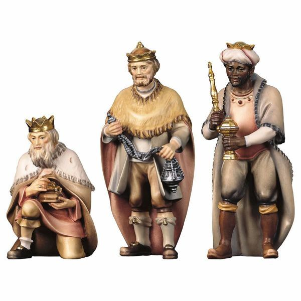 Immagine di Gruppo Tre Re Magi 3 Pezzi cm 10 (3,9 inch) Presepe Pastore Dipinto a Mano Statua artigianale in legno Val Gardena stile contadino classico 