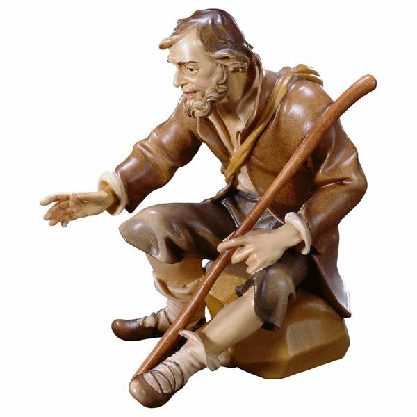 Immagine di Pastore seduto con bastone Presepe Pastore 12 cm rustico legno Val Gardena