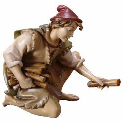 Picture of Kneeling Herder with Wood cm 16 (6,3 inch) Hand Painted Shepherd Nativity Scene classic Val Gardena wooden Statue peasant style
