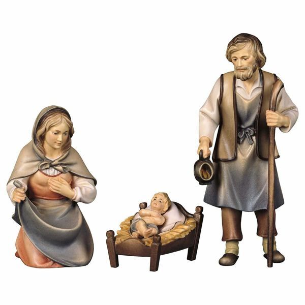 Picture of Holy Family 4 Pieces cm 16 (6,3 inch) Hand Painted Shepherd Nativity Scene classic Val Gardena wooden Statue peasant style