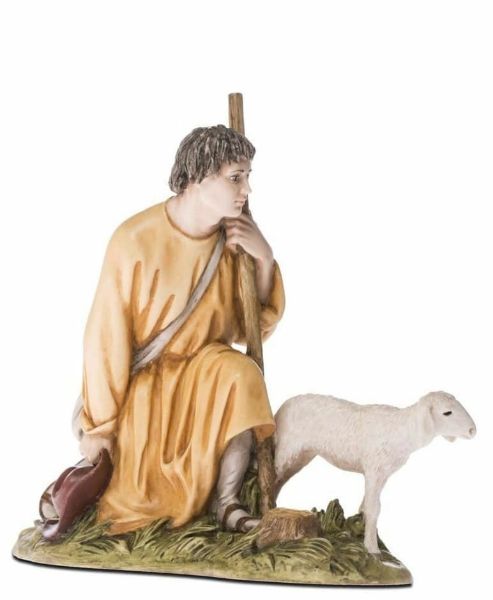 Immagine di Pastore in ginocchio con pecora Presepe Lando Landi 18 cm resina da esterno