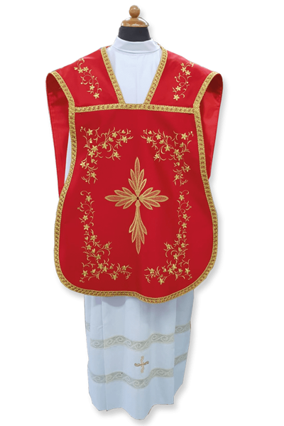 Picture of Fiddleback Roman Chasuble Clergy Planeta Damask Cotton blend Ivory white Violet Red Green