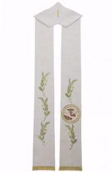 Picture of Priest Deacon Liturgical Stole with Embroidered Olive Branches & Franciscan emblem in Hemp and Linen blend Ecru Ivory Chorus