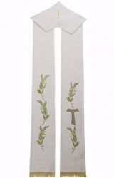 Picture of Priest Deacon Liturgical Stole with embroidered Olive Branches & Tau Cross in Hemp and Linen blend Ecru Ivory Chorus