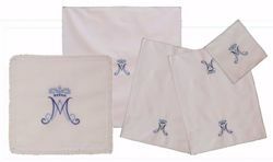 Picture of Sacramental Altar Linens 5 pieces Set Marian Embroidery in Linen blend White Chorus Mass Altar Cloths