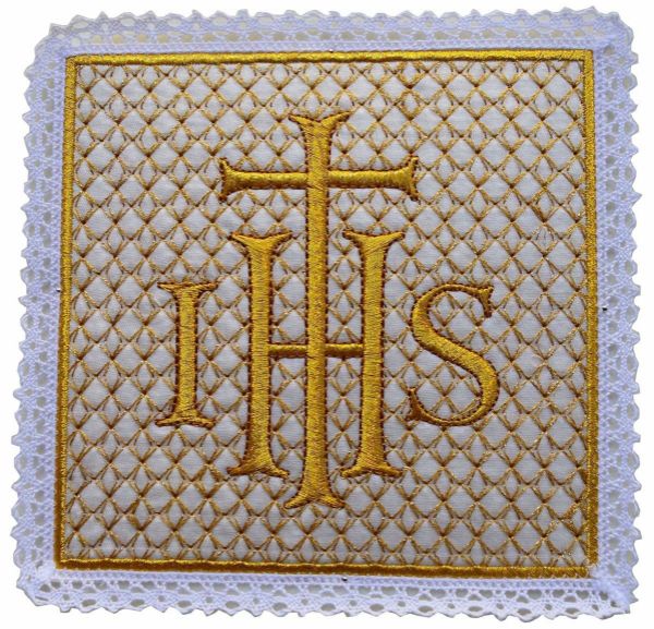 Picture of Satin Silk Square Chalice Cover Pall with Lace and Cross & IHS Embroidery by Chorus - White Red Green Purple