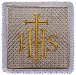 Picture of Liturgical Square Pall with Lace Embroidered Cross IHS in Hemp and Linen blend Ecru Ivory Chorus Altar Linen Chalice Cover 