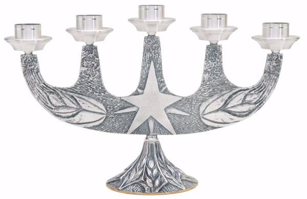 Picture of Altar Candlestick 5 flames cm 47x30 (18,5x11,8 inch) Star Ears of Wheat Flames in bronze Gold Silver liturgical Candle Holder for Church 