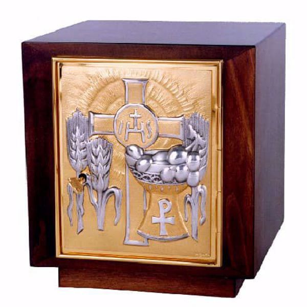 Immagine di Tabernacolo da Mensa cm 29x26x26 (11,4x10,2x10,2 inch) Olive Spighe IHS Pax Calice Croce in legno Argento Bicolor Ciborio da Altare