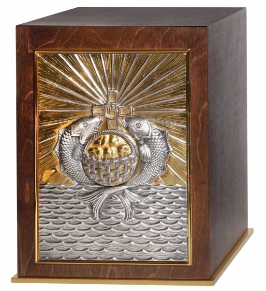 Picture of Wooden Tabernacle Exposition H. 35 cm (13,8 inch) Cross IHS Loaves Fishes