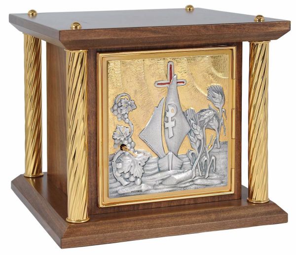 Immagine di Tabernacolo in legno piccolo 4 colonne 35x35x33 cm Barca Uva Spighe