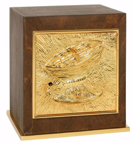 Imagen de Sagrario de mesa pequeño cm 22x22x26 (8,7x8,7x10,2 inch) Canasta de Pan de madera Oro Tabernáculo de Altar Iglesia