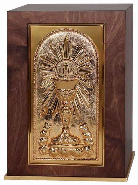 Picture of Large size Altar Tabernacle cm 30x30x43 (11,8x11,8x16,9 inch) Roses Chalice IHS Rays of Light in wood Gold for Church