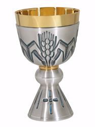Imagen de Cáliz eucarístico H. cm 18,5 (7,3 inch) Cruz Espigas de Trigo de latón cincelado Plata para Altar Vino Santa Misa