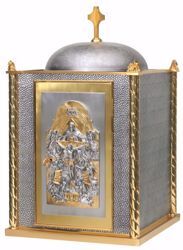 Picture of Altar Tabernacle cm 83x51x51 (32,7x20,1x20,1 inch) Crucifixion Trinity Agnus Dei in brass with bicolor Door internal light Silver for Church