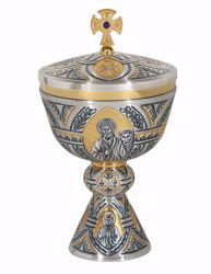 Picture of Liturgical Ciborium H. cm 24 (9,4 inch) Four Evangelists Sacred Symbols in chiseled brass Silver Bicolor 
