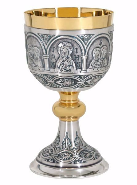 Immagine di Calice liturgico H. cm 20 (7,9 inch) Ultima Cena Simboli Sacri in ottone cesellato Argento Bicolor da Altare per vino da Messa