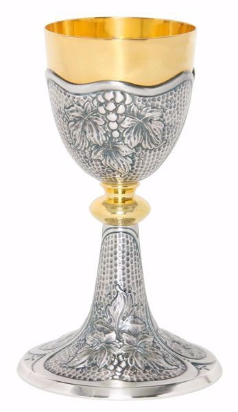 Imagen de Cáliz eucarístico H. cm 20,5 (8,1 inch) Ramas de Uva de latón cincelado Plata Bicolor para Altar Vino Santa Misa