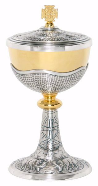 Picture of Liturgical Ciborium H. cm 24,5 (9,6 inch) Deers at Springs in chiseled brass Silver Bicolor 