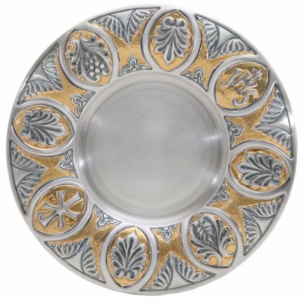 Imagen de Patena Iglesia Diam. 18,5 cm Hojas IHS Chrismon cincelada