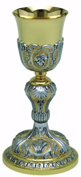 Picture of Liturgical Chalice H. cm 23 (9,1 inch) Shell Ears of Wheat Grape Leaf in brass Bicolor for Holy Mass Altar Wine