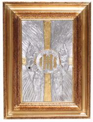 Immagine di Tabernacolo da incasso a muro con Esposizione cm 55x42 (21,7x16,5 inch) Mani oranti Croce IHS Raggi ottone Porta bicolore Ciborio da parete