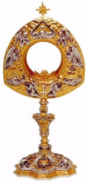 Imagen de Custodia litúrgica con luneta H. cm 36 (14,2 inch) Estilo Barroco con Ojo de Dios Ángeles en Oración latón Bicolor Santísimo Sacramento