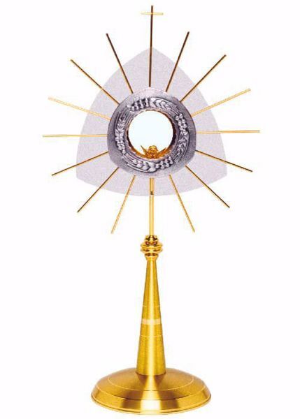 Immagine di Ostensorio con lunetta H. cm 66 (26,0 inch) stile moderno Uva Spighe Raggiera ottone Bicolor per esposizione Santissimo Sacramento Chiesa