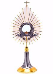 Immagine di Ostensorio con lunetta H. cm 58 (22,8 inch) stile moderno Uva Spighe Raggiera in ottone Bicolor per esposizione Santissimo Sacramento Chiesa
